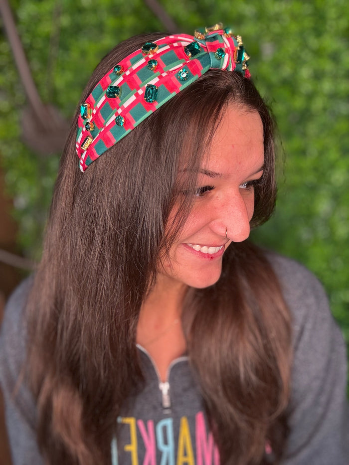 Green & Red Plaid Rhinestone Headband