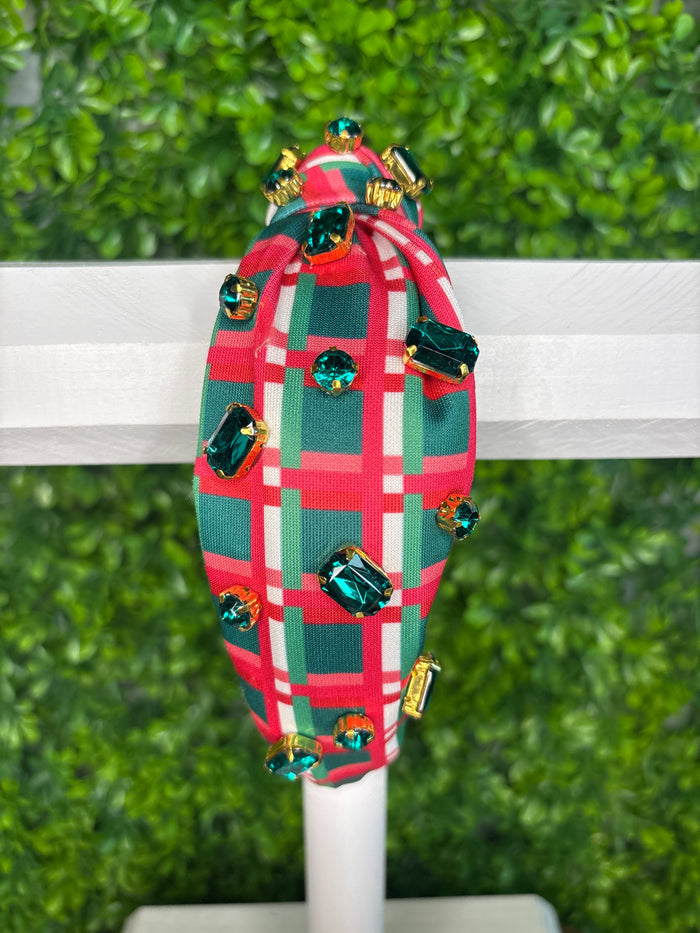 Green & Red Plaid Rhinestone Headband