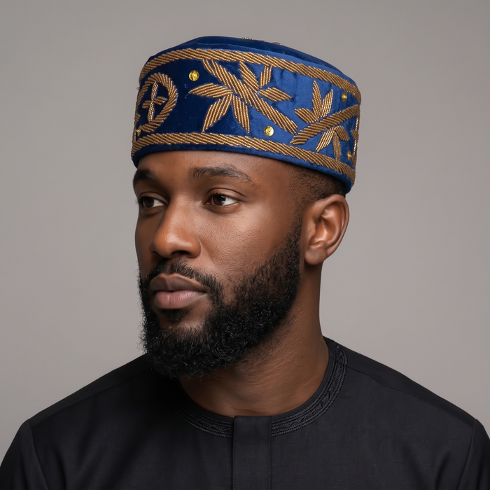 Hand-Beaded Nigerian Blue & Gold Velvet Cap