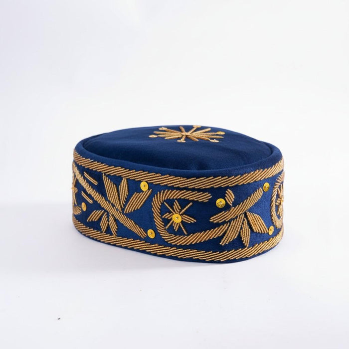 Hand-Beaded Nigerian Blue & Gold Velvet Cap