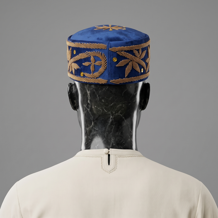Hand-Beaded Nigerian Blue & Gold Velvet Cap