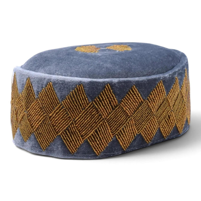 Hand-Beaded Nigerian Grey & Gold Velvet Cap
