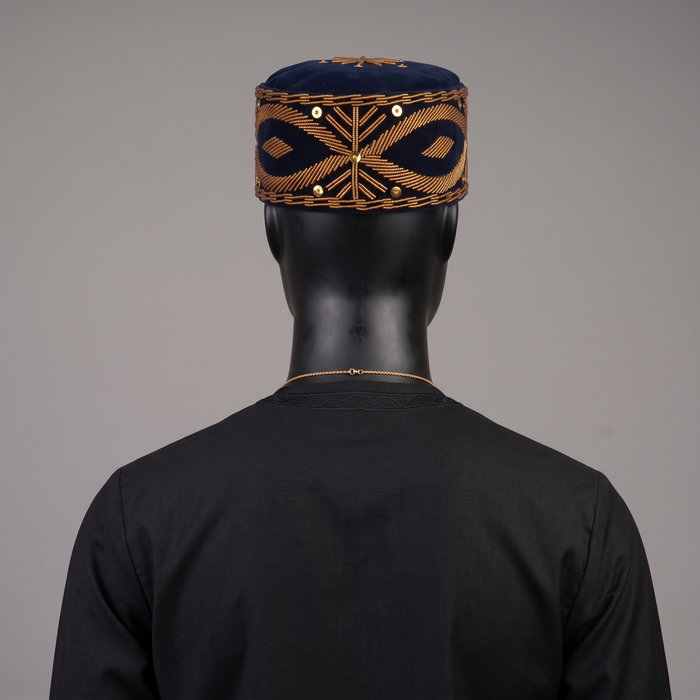 Handcrafted Midnight Navy Velvet Cap with Geometric Gold Beadwork & Sequins