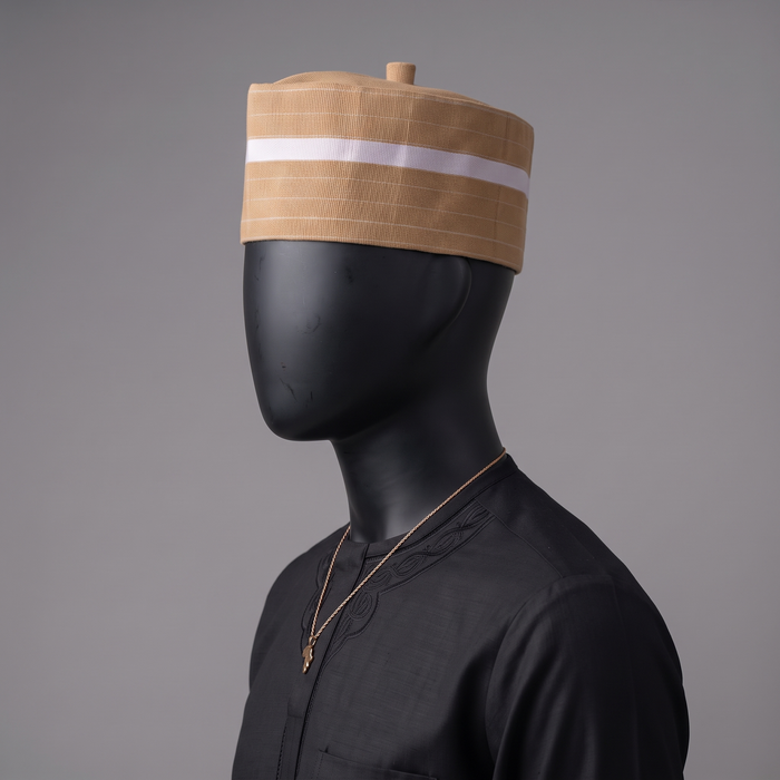 Handcrafted Tan and White (Aso-Oke) Striped Woven Cap with Traditional Top Knot