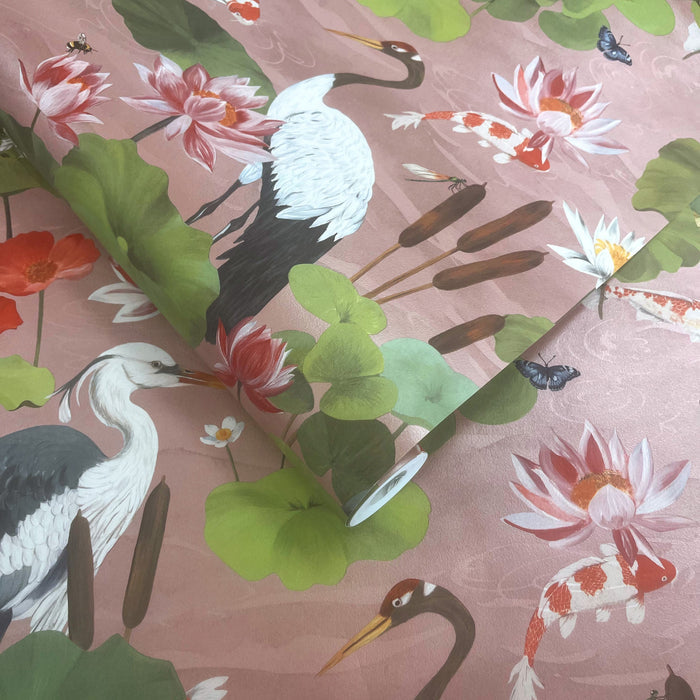 Hermine Blush wallpaper roll showing the koi pond repeat