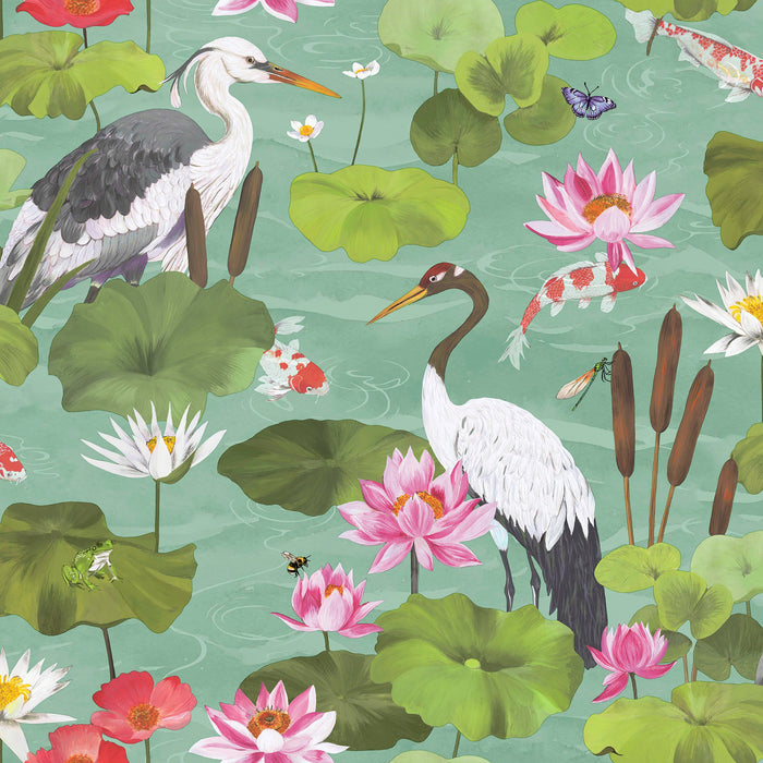 Light teal Koi pond wallpaper with cranes and herons — flat pattern detail, Hermine by The Inside