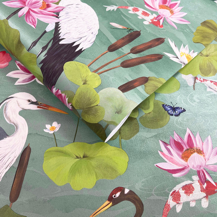 Hermine Light Teal wallpaper roll showing the koi pond repeat