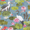 Sky blue Koi pond wallpaper with cranes and herons — flat pattern detail, Hermine by The Inside