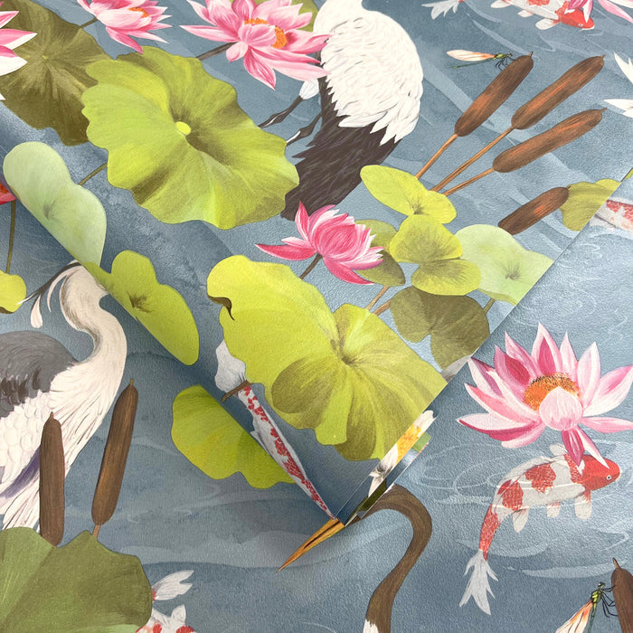 Hermine Sky Blue wallpaper roll showing the koi pond repeat