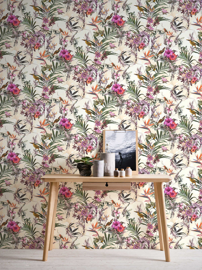 Hibiscus Haven – Crane & Bloom Wallpaper - Beige