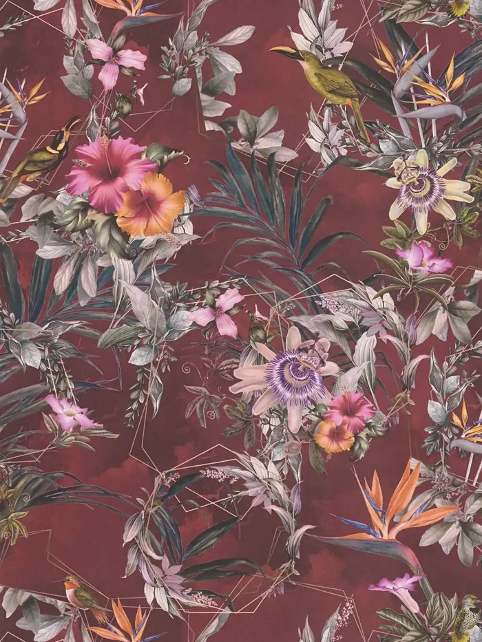 Hibiscus Haven – Crane & Bloom Wallpaper – Maroon