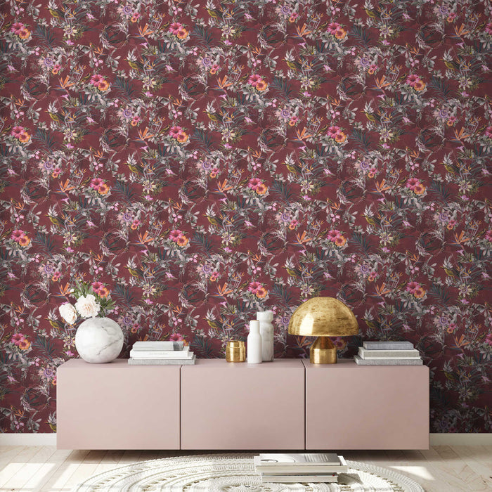 Hibiscus Haven – Crane & Bloom Wallpaper – Maroon