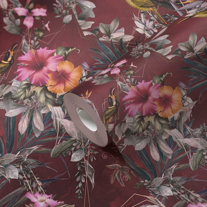 Hibiscus Haven – Crane & Bloom Wallpaper – Maroon