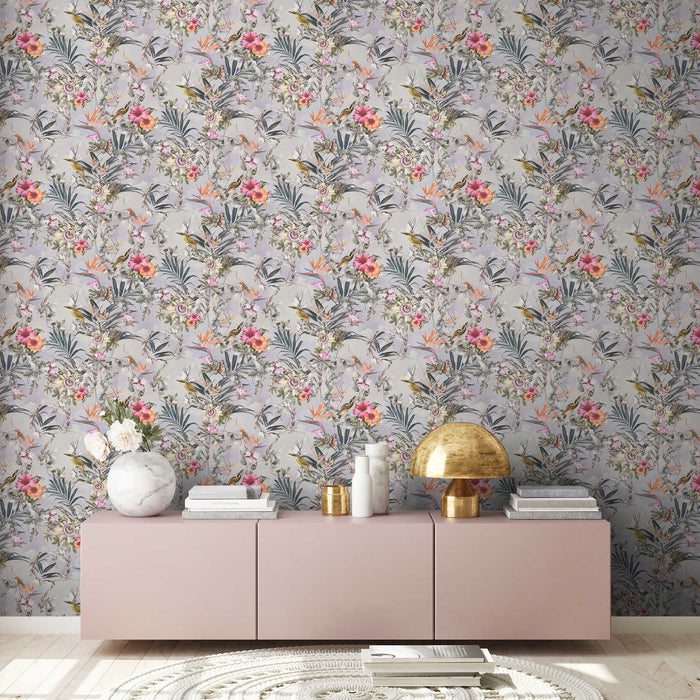 Hibiscus Haven – Crane & Bloom Wallpaper – Mist Blue