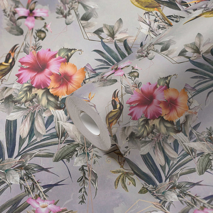 Hibiscus Haven – Crane & Bloom Wallpaper – Mist Blue