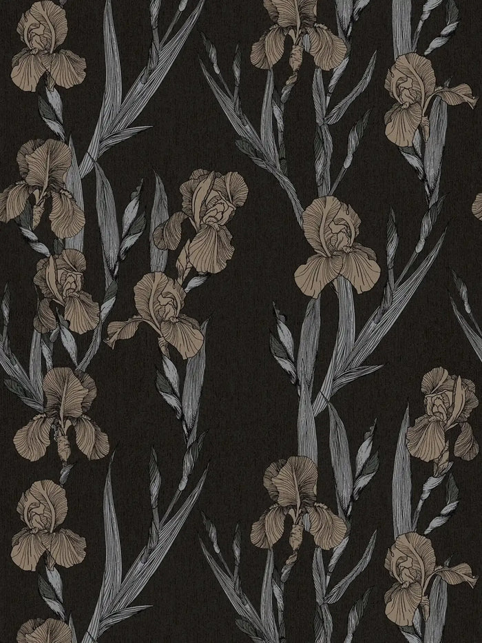 Iris Floral - Textured Vinyl Wallpaper - Black Taupe