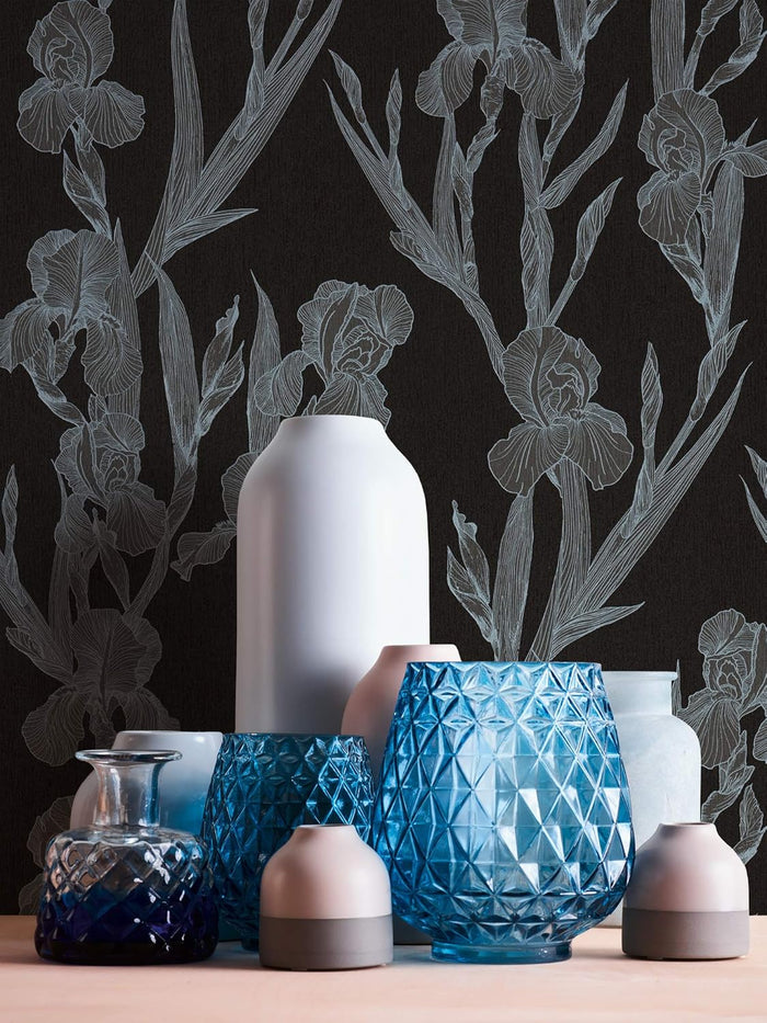 Iris Floral - Textured Vinyl Wallpaper - Black