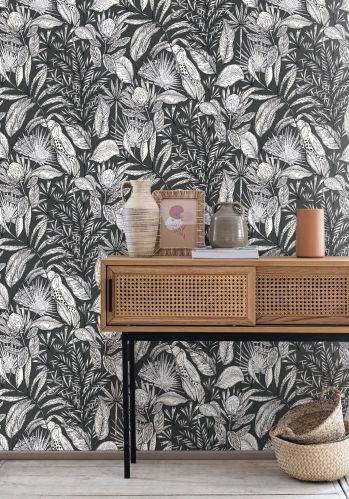 Jardin Bel Air Vinyl Leaf Wallpaper - Black White - Last 36 Rolls