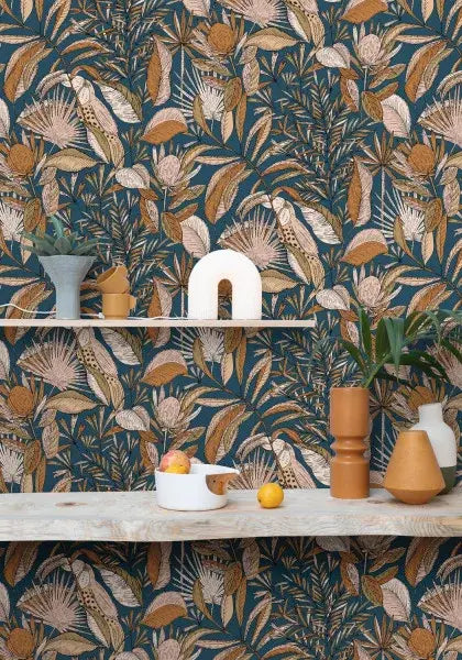 Jardin Bel Air Vinyl Leaf Wallpaper - Blue Pink - Discontinuing