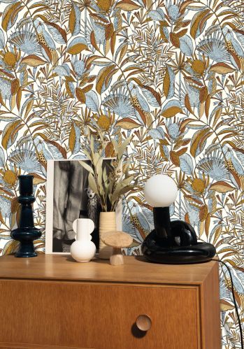 Jardin Bel Air Vinyl Leaf Wallpaper -  Blue Terracotta - Last 40 Rolls
