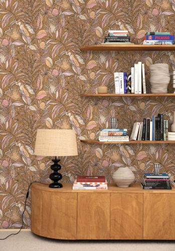 Jardin Bel Air Vinyl Leaf Wallpaper -  Brown Pink - Discontinuing