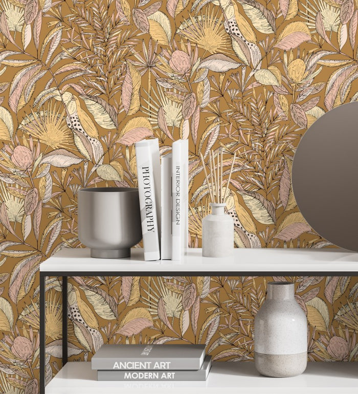 Jardin Bel Air Vinyl Leaf Wallpaper -  Brown Pink - Discontinuing