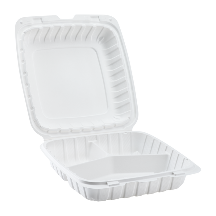 Jumbo White 3 Compartment Carry Out Boxes - 9"x9" Mineral Filled Hinged Food Containers - Karat Earth 120 ct-To-Go Packaging-Karat-Restaurant Supply Drop