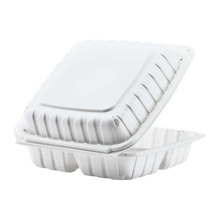 Jumbo White 3 Compartment Carry Out Boxes - 9"x9" Mineral Filled Hinged Food Containers - Karat Earth 120 ct-To-Go Packaging-Karat-Restaurant Supply Drop
