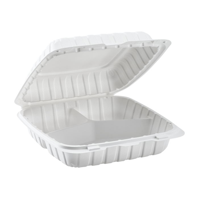 Jumbo White 3 Compartment Carry Out Boxes - 9"x9" Mineral Filled Hinged Food Containers - Karat Earth 120 ct-To-Go Packaging-Karat-Restaurant Supply Drop