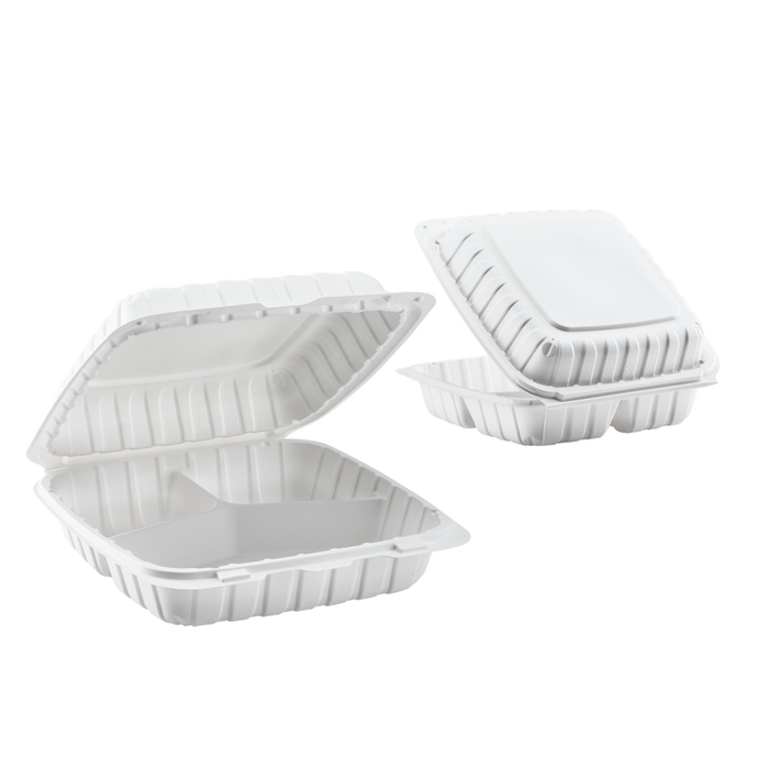 Jumbo White 3 Compartment Carry Out Boxes - 9"x9" Mineral Filled Hinged Food Containers - Karat Earth 120 ct-To-Go Packaging-Karat-Restaurant Supply Drop