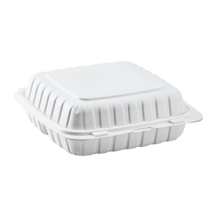 Jumbo White 3 Compartment Carry Out Boxes - 9"x9" Mineral Filled Hinged Food Containers - Karat Earth 120 ct-To-Go Packaging-Karat-Restaurant Supply Drop