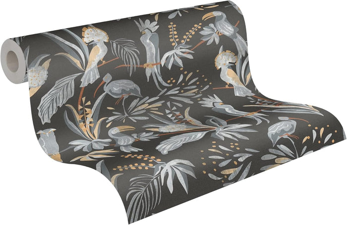 Jungle Birds Vinyl Wallpaper - Black/Grey