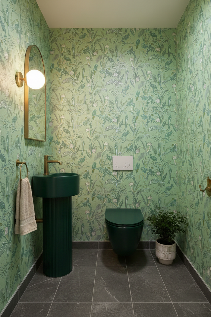 Dark Green Vanity and Toilet - Jungle Birds Powder Room