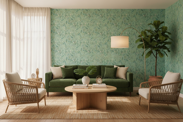 Jungle Birds Vinyl Wallpaper Green - Room Shot