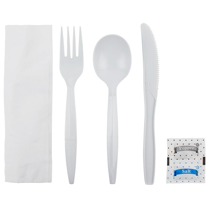 Karat PP Medium-Heavy Weight Cutlery Kits with Salt and Pepper - White - 250 ct-Utensils-Karat-Restaurant Supply Drop