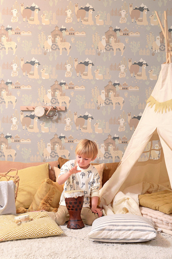 Lama Lama Wallpaper - Soft Grey