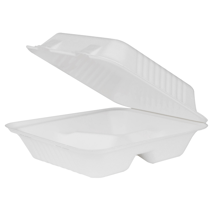 Large Compostable 3 Compartment Food Containers - Karat Earth 8''x8'' Bagasse Hinged Boxes - 200 ct-To-Go Packaging-Karat-Restaurant Supply Drop