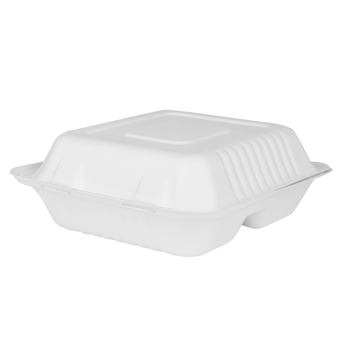 Large Compostable 3 Compartment Food Containers - Karat Earth 8''x8'' Bagasse Hinged Boxes - 200 ct-To-Go Packaging-Karat-Restaurant Supply Drop