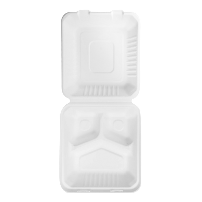 Large Compostable 3 Compartment Food Containers - Karat Earth 8''x8'' Bagasse Hinged Boxes - 200 ct-To-Go Packaging-Karat-Restaurant Supply Drop