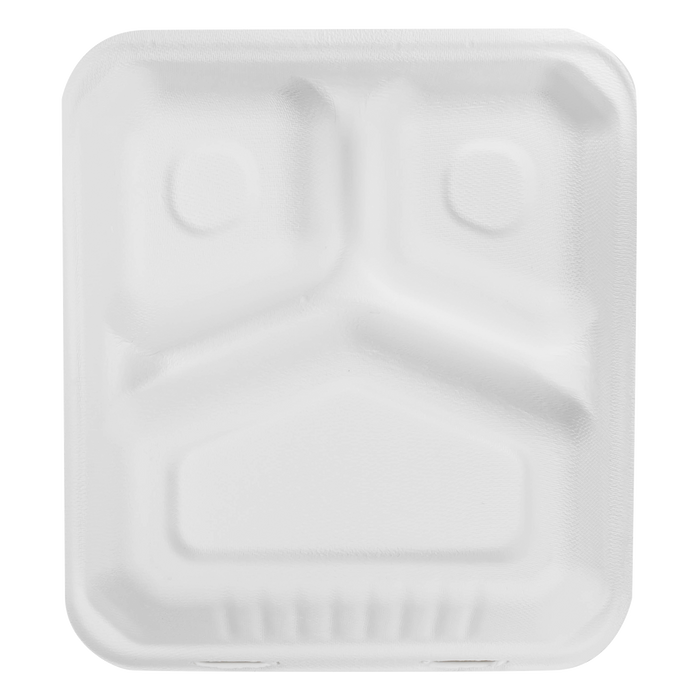 Large Compostable 3 Compartment Food Containers - Karat Earth 8''x8'' Bagasse Hinged Boxes - 200 ct-To-Go Packaging-Karat-Restaurant Supply Drop