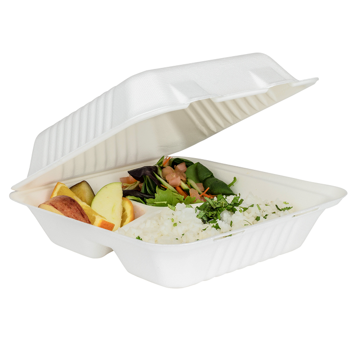 Large Compostable 3 Compartment Food Containers - Karat Earth 8''x8'' Bagasse Hinged Boxes - 200 ct-To-Go Packaging-Karat-Restaurant Supply Drop
