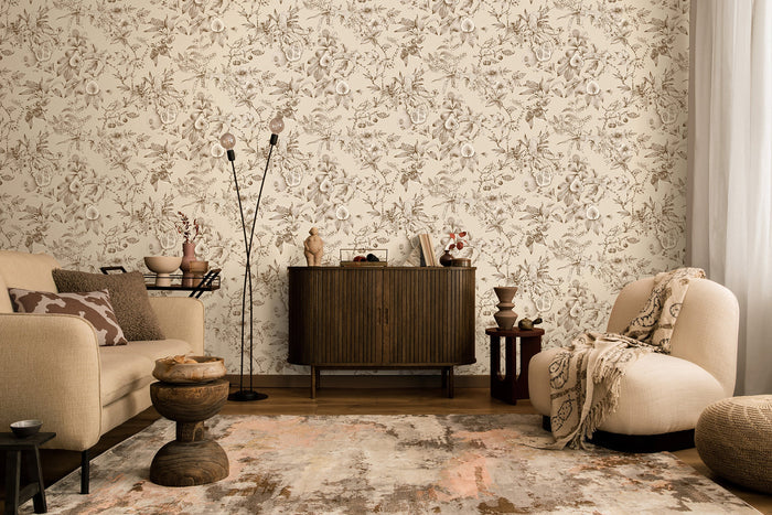 Liana wallpaper in Beige on a feature wall, leopards and pomegranates in fine linework