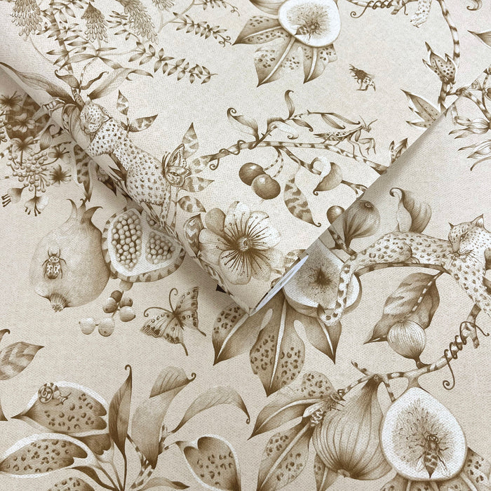 Liana Beige wallpaper roll showing the tonal leopard and pomegranate repeat