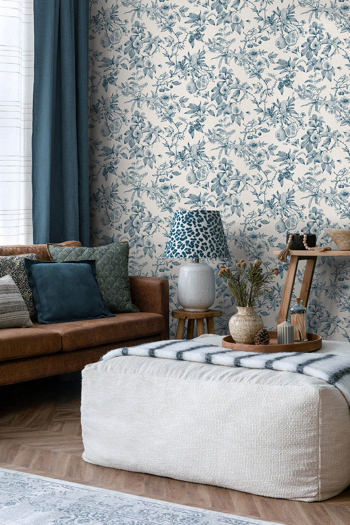 Liana wallpaper in Cream/Teal on a feature wall, leopards and pomegranates in fine linework