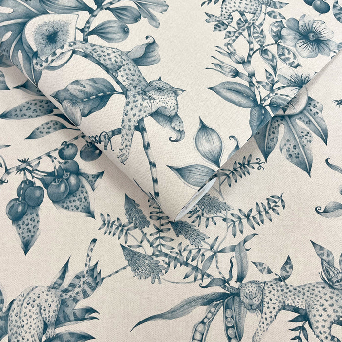 Liana Cream/Teal wallpaper roll showing the tonal leopard and pomegranate repeat
