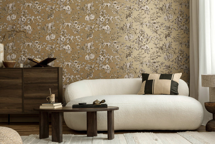 Liana wallpaper in Gold on a feature wall, leopards and pomegranates in fine linework