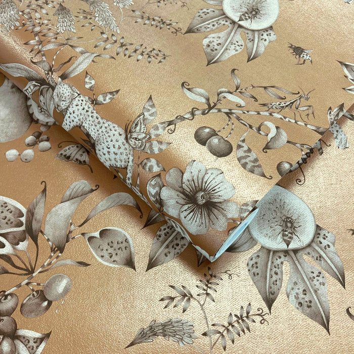 Liana Gold wallpaper roll showing the tonal leopard and pomegranate repeat