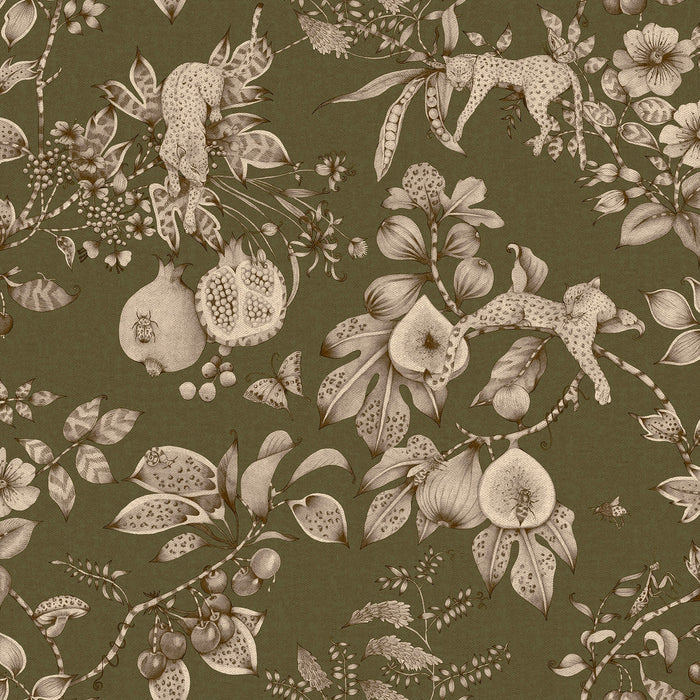 Khaki leopard and pomegranate wallpaper — flat pattern detail, Liana by The Inside