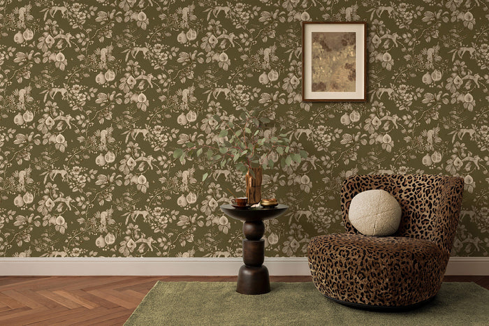 Liana wallpaper in Khaki on a feature wall, leopards and pomegranates in fine linework