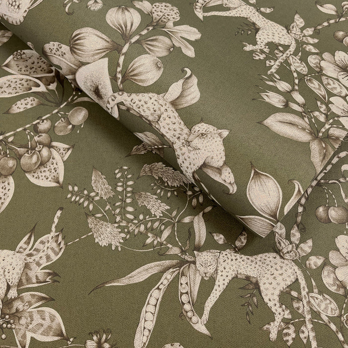 Liana Khaki wallpaper roll showing the tonal leopard and pomegranate repeat